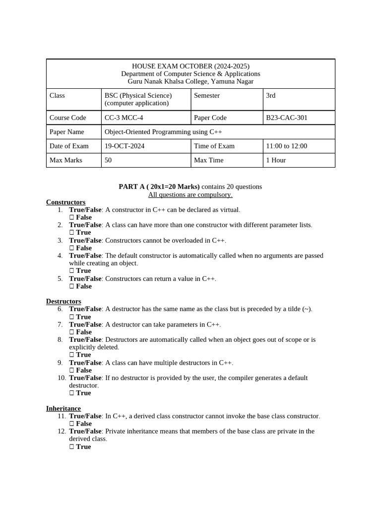 ANSWERS To C++ Hose Exam Oct 2024 | PDF | Constructor (Object Oriented ...