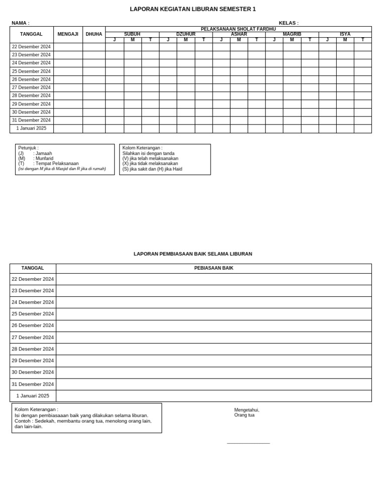 Laporan Kegiatan Liburan Semester 1 | PDF