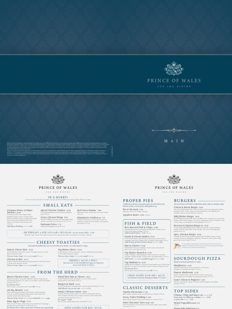 Prince of Wales Pub Menu 2023 | PDF | Hamburgers | Salad