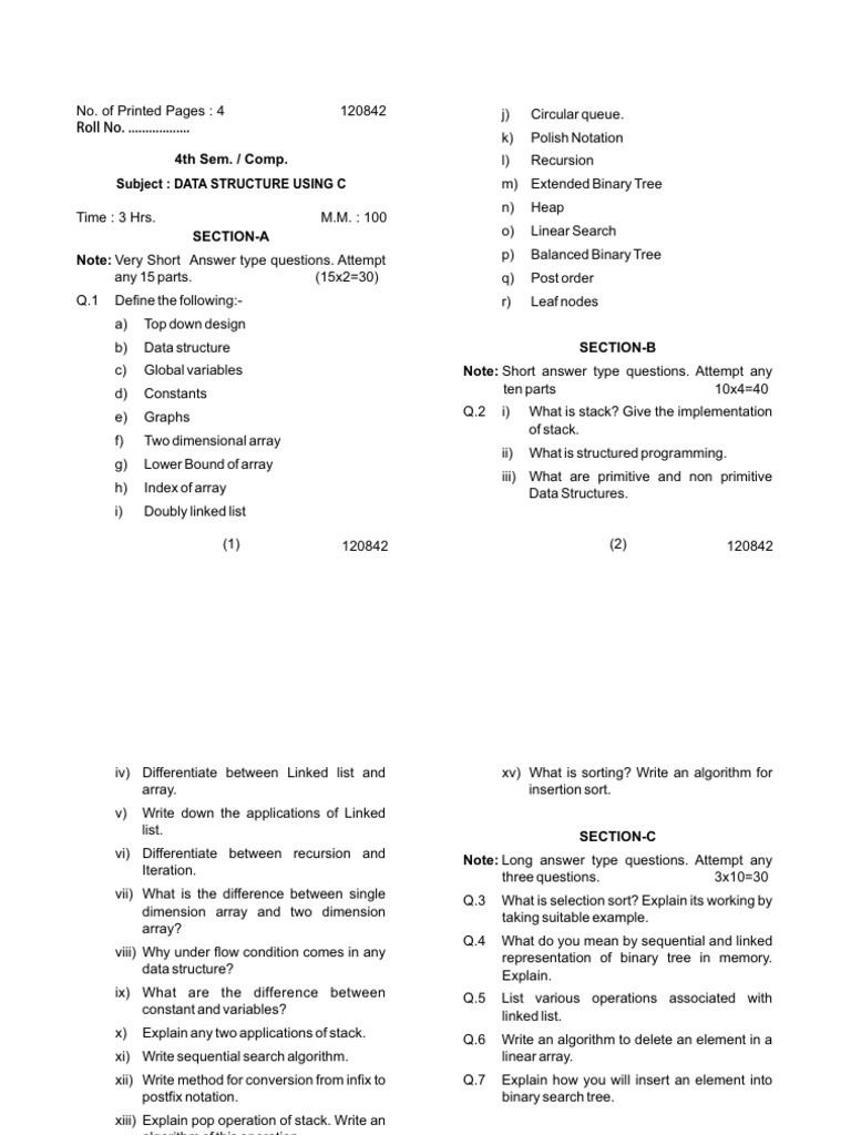Computer 4 Sem Data Structure Using C 120842 Dec 2018 | PDF | Applied ...