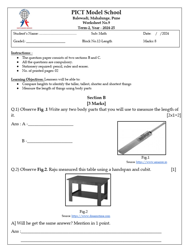 Grade 1 Math Worksheet: Length Measurement | PDF