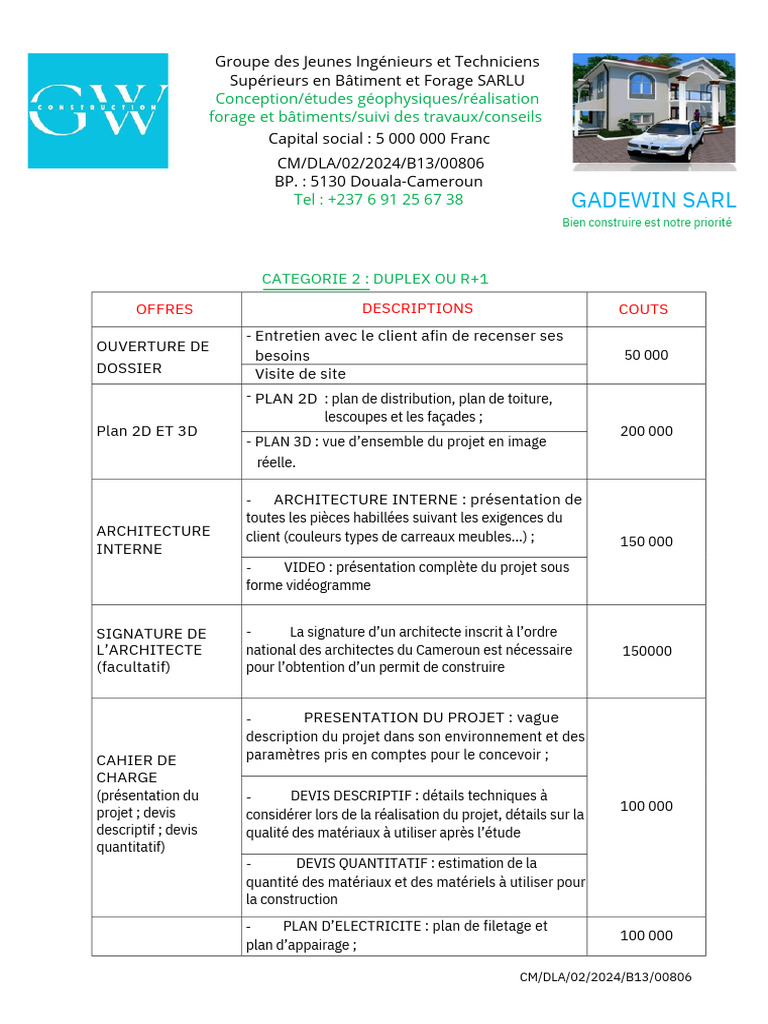 Devis pour Construction Duplex R+1 | PDF