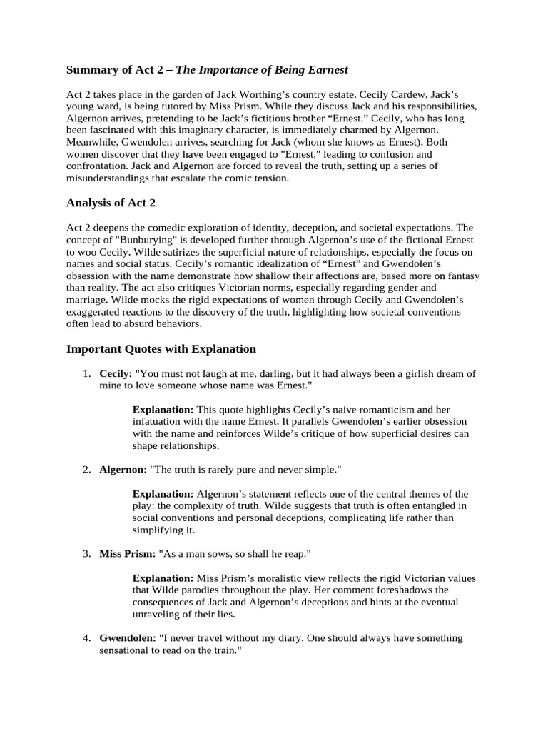 Act 2 Summary: Identity and Deception | PDF | The Importance Of Being ...