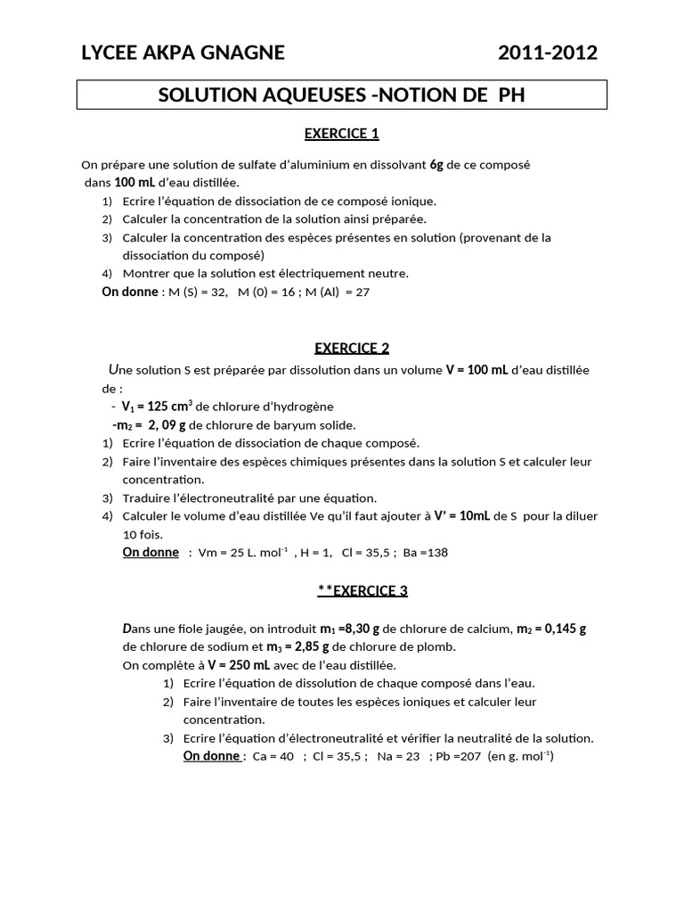 Solutions aqueuses et pH : exercices pratiques | PDF