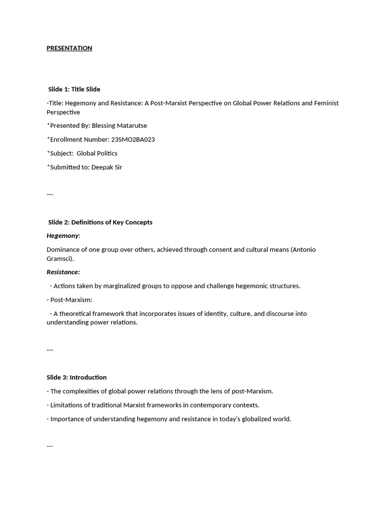 Presentation On Global Politics Hegemony and Resistance | PDF ...