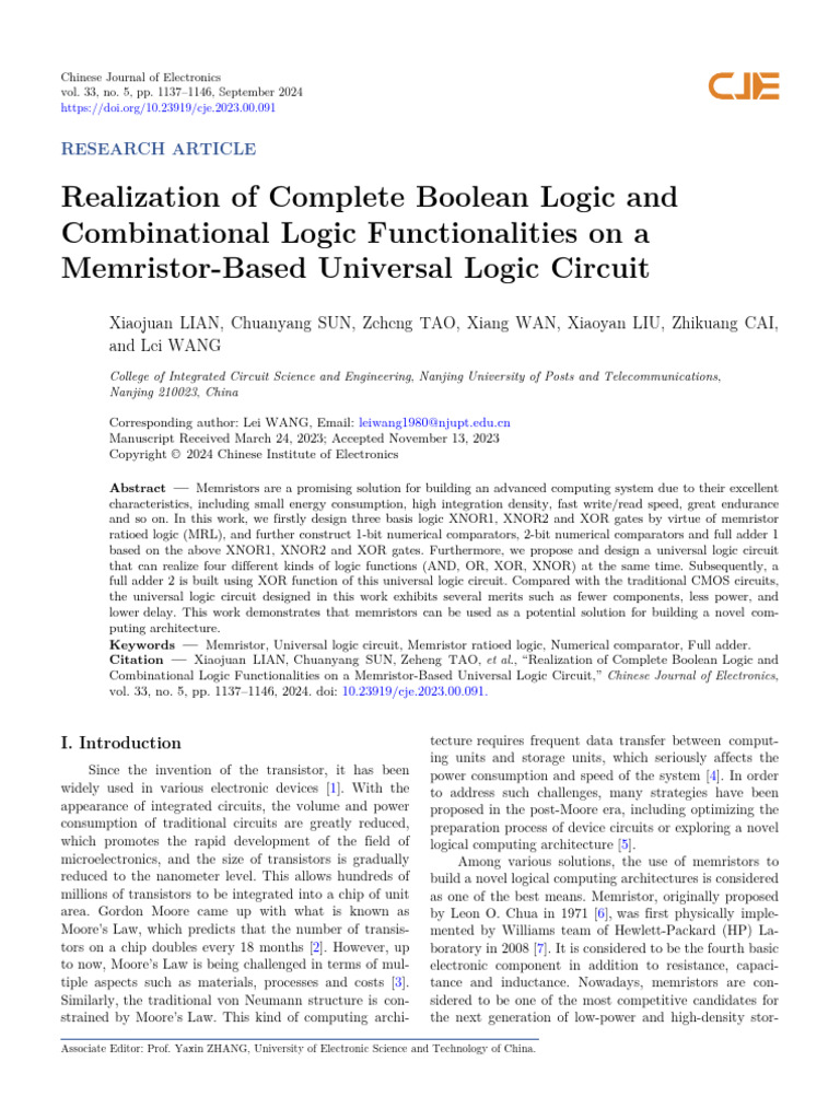 Realization of Complete Boolean Logic and Combinational Logic ...