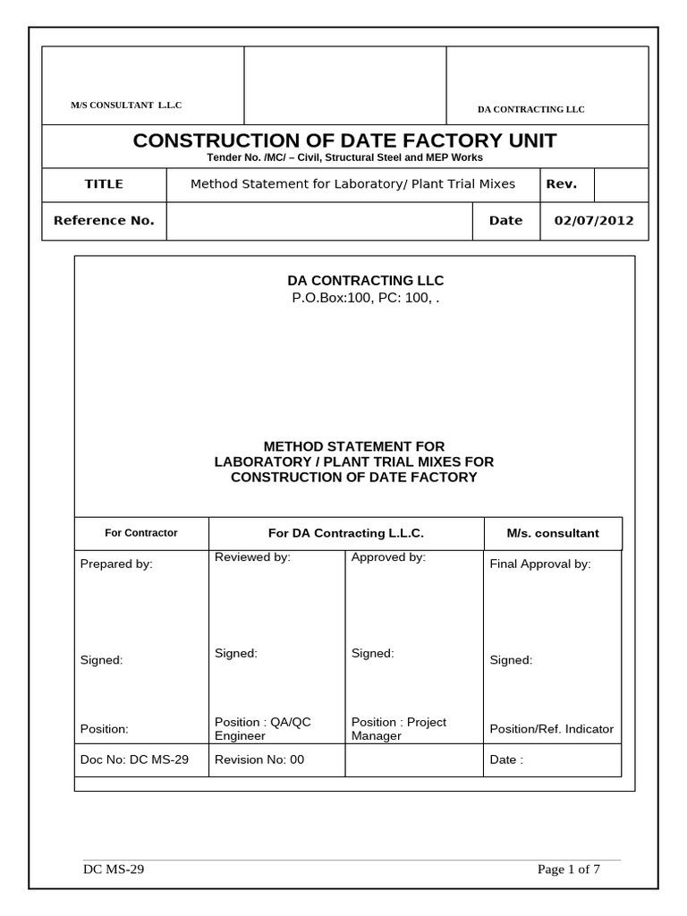 Method Statement for Date Factory Mixes | PDF | Concrete | Materials