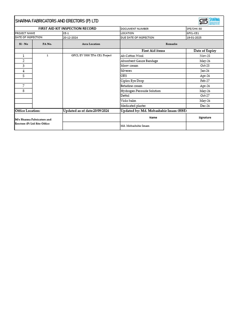 First Aid Kit Inspection Record 2024 | PDF