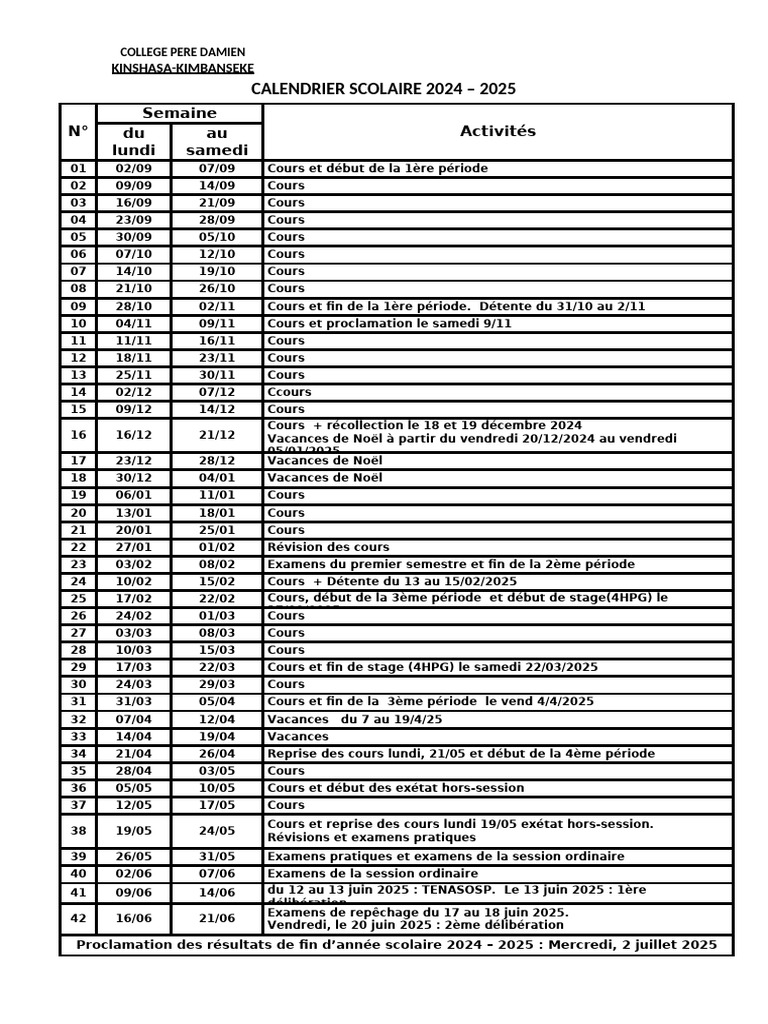 Calendrier Scolaire 2024-2025 RDC | PDF