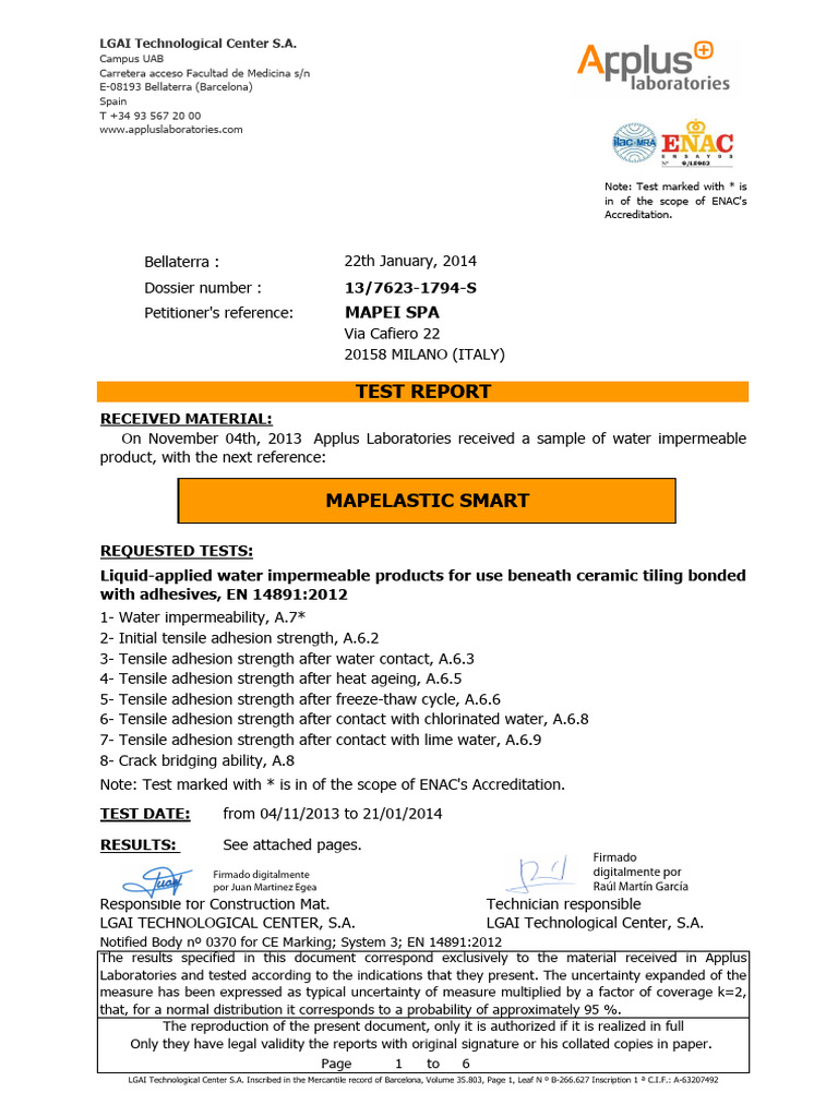 MAPEI Mapelastic Smart Test Results | PDF | Adhesion | Concrete