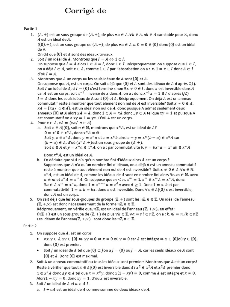 Idéaux et Corps en Algèbre Abstraite | PDF | Anneau (mathématiques ...