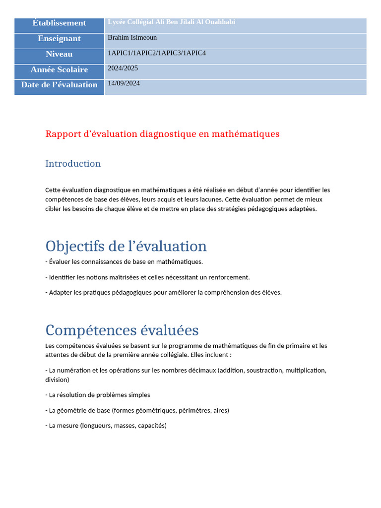 Rapport d'évaluation mathématique 2024 | PDF | Nombre | Mathématiques
