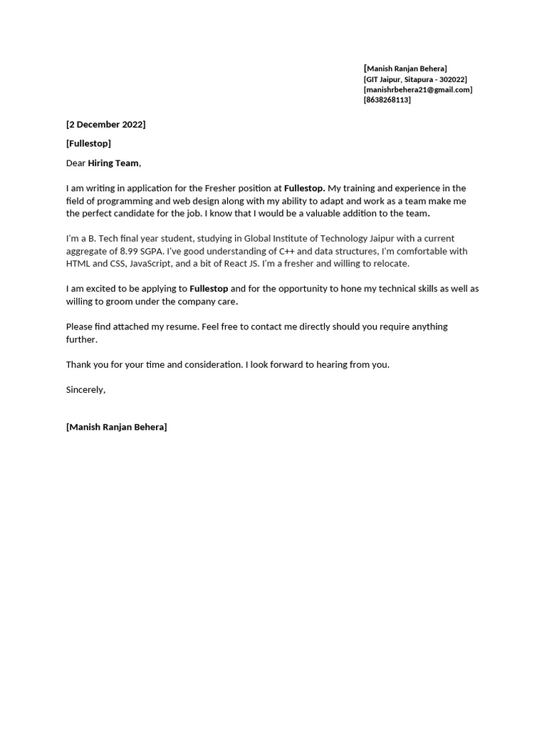 Fresher Application for Fullestop Position | PDF