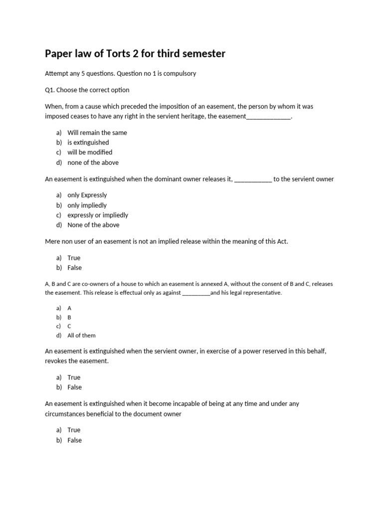 Paper Law of Torts 2 For Third Semester | PDF | Easement | Property Law