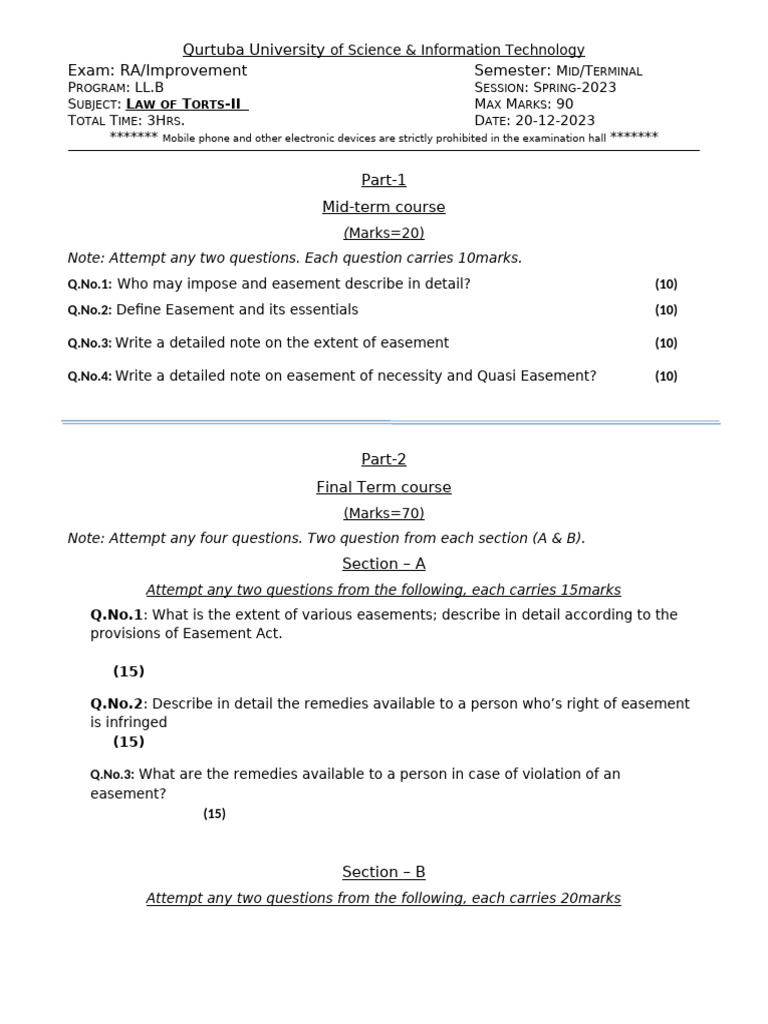 LL.B Law of Torts-II Exam Spring 2023 | PDF | Easement | Justice