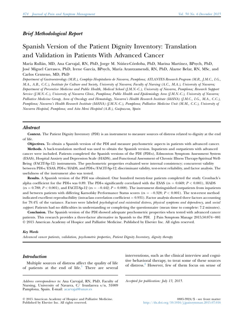 Spanish Patient Dignity Inventory Validation | PDF | Factor Analysis ...