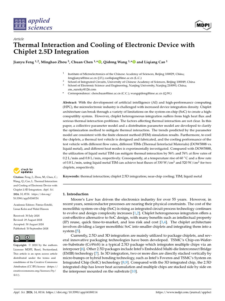 Thermal interaction and cooling of electronic device with chiplet 2 5d