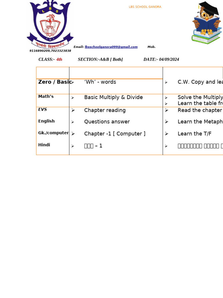Class 4th Homework (Lbs School) | PDF