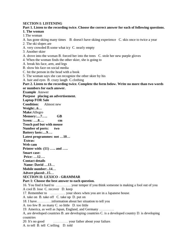 Listening and Grammar Practice Exercises | PDF