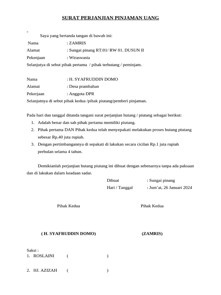 Surat Perjanjian Pinjaman Uang Rp40 Juta | PDF