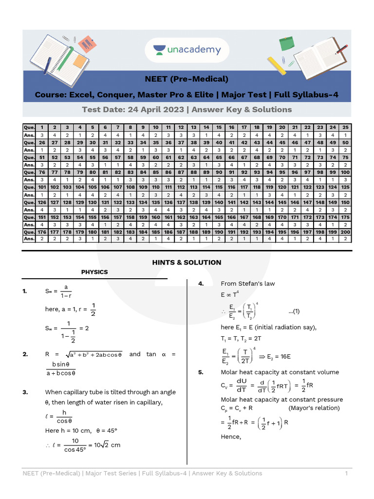 NEET Pre-Medical Test Series Answers | PDF | Physical Chemistry ...