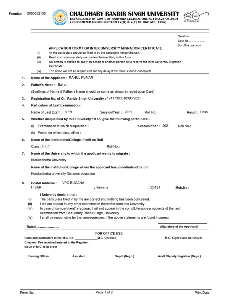 Migration certificate pdf identity document