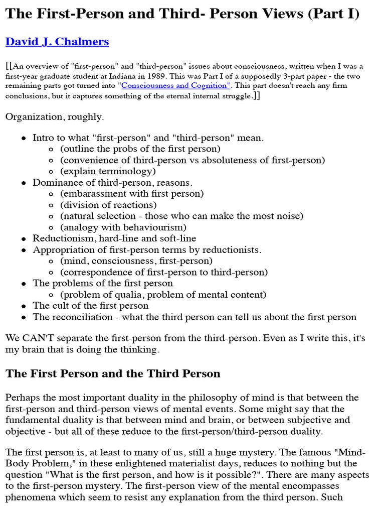 First-Person vs Third-Person Views on Consciousness | PDF