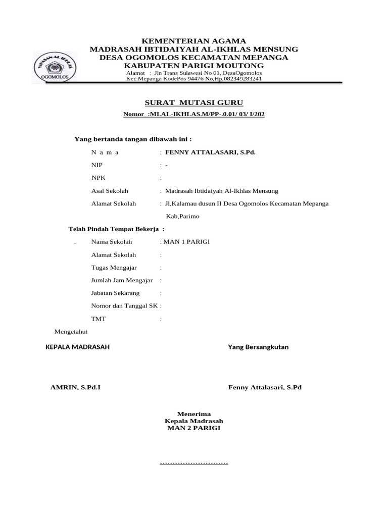 Surat Mutasi dan Tugas Guru MI Al-Ikhlas | PDF