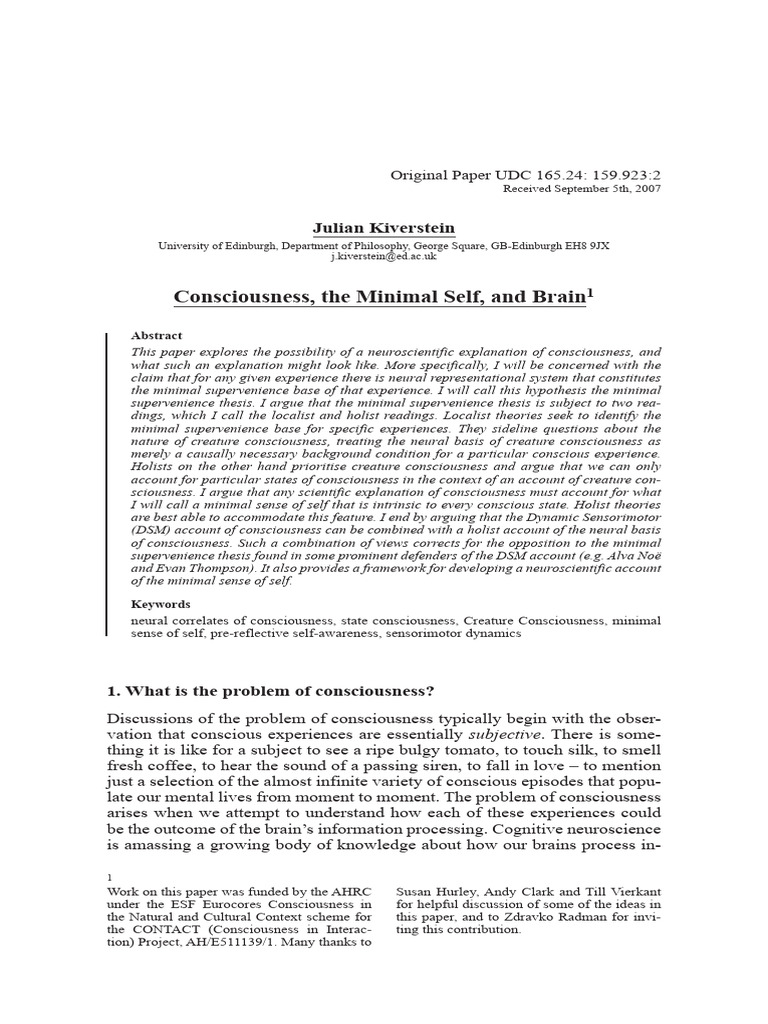 Consciousness the Minimal Self and Brain | PDF | Consciousness | Experience