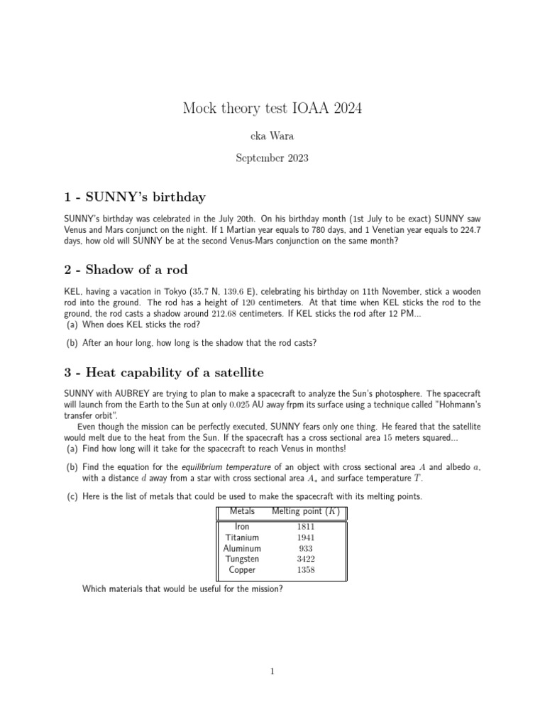 IOAA 2024 Mock Theory Test | PDF | Stars | Black Hole