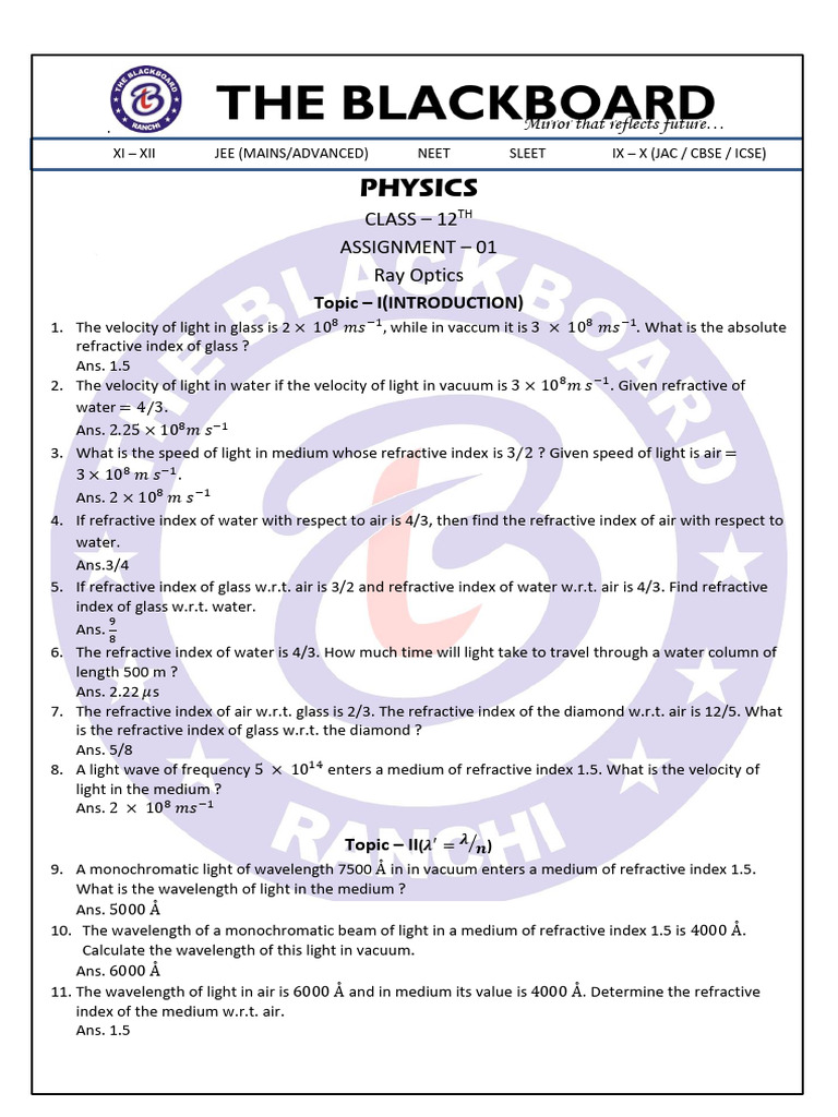 Assignment 02 Pdf Refraction Refractive Index