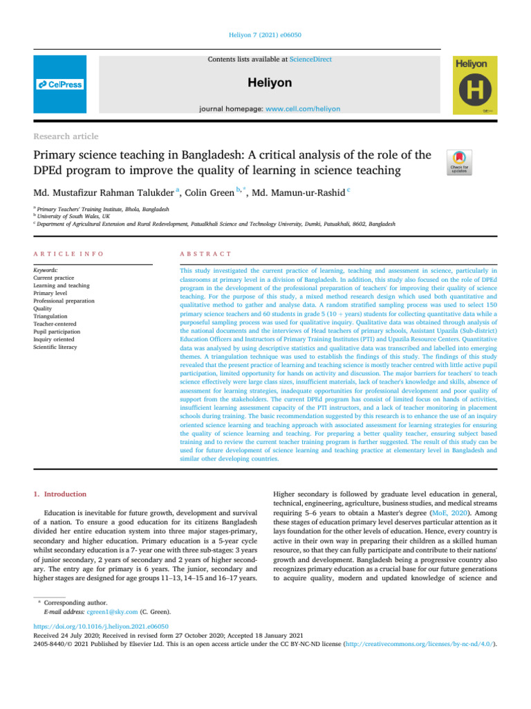 Primary Science Teaching In Bangladesh A Critical Analysis Of The Role