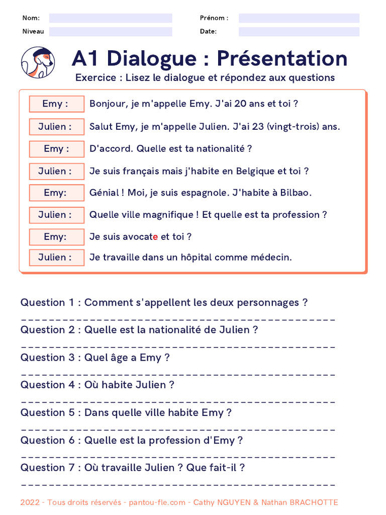 Dialogue A1 : Présentation et questions | PDF
