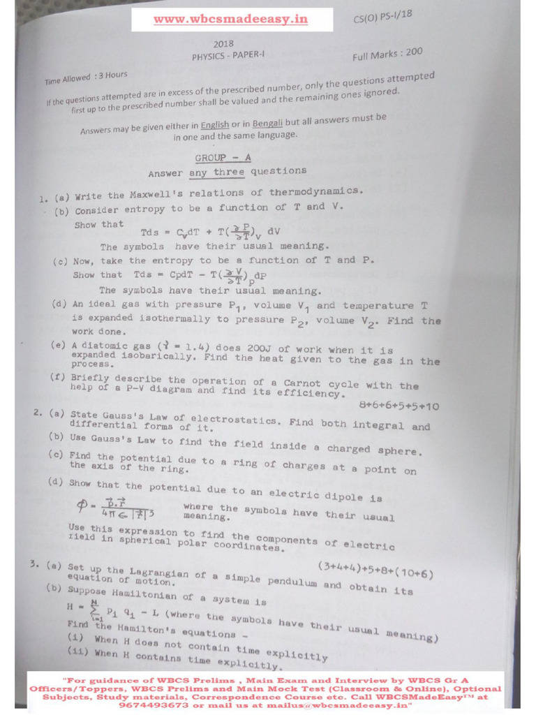 W.B.C.S. Main 2018 Optional Question Paper Physics Paper I | PDF