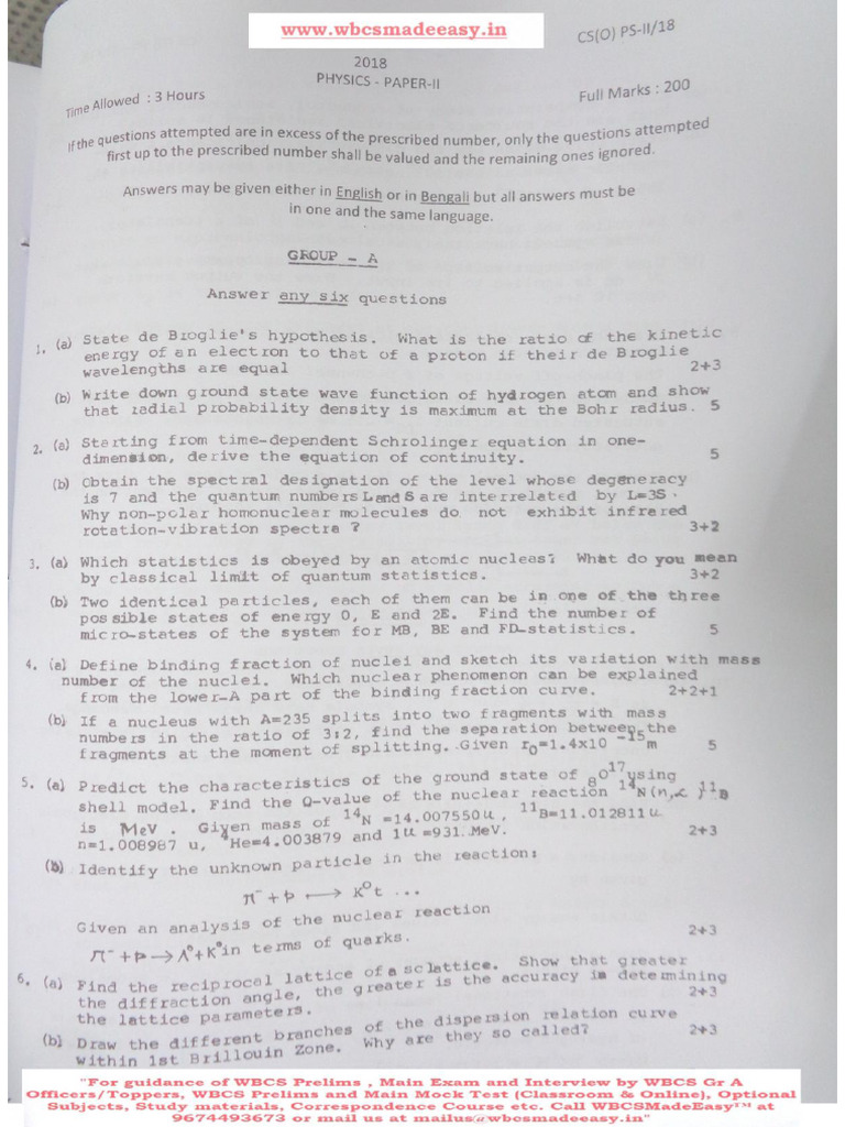 W.B.C.S. Main 2018 Optional Question Paper Physics Paper II | PDF