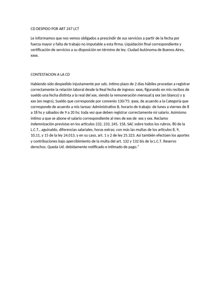 Carta de Despido Art. 247 LCT | PDF