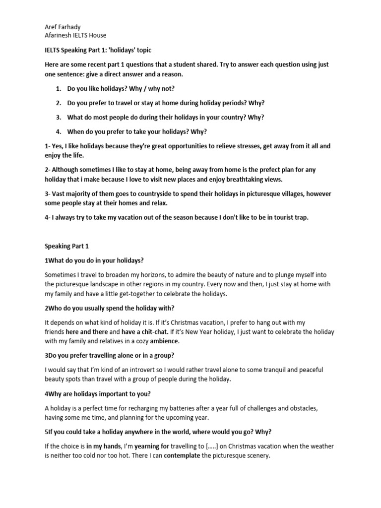 Speaking+Part+1+holidays | PDF