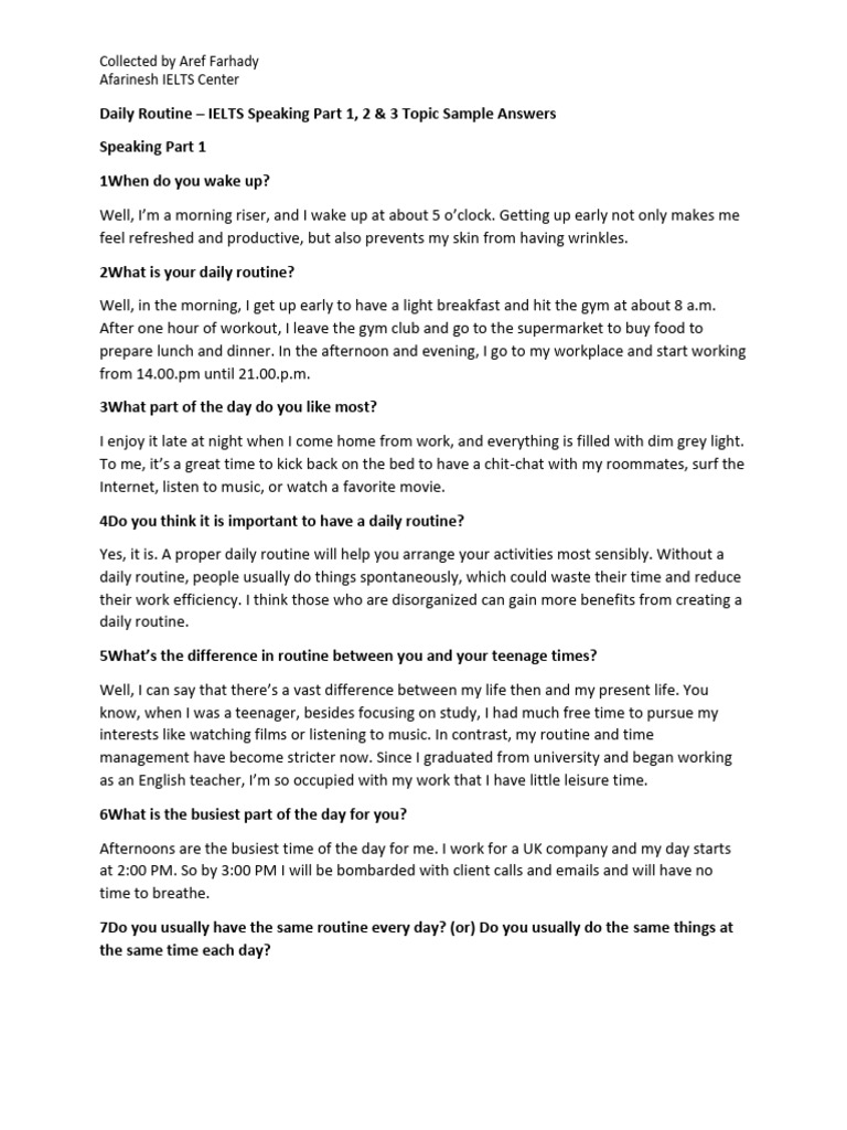 Daily+Routine+–+IELTS+Speaking+Part+1,+2+&+3+Topic+Sample+Answers | PDF ...