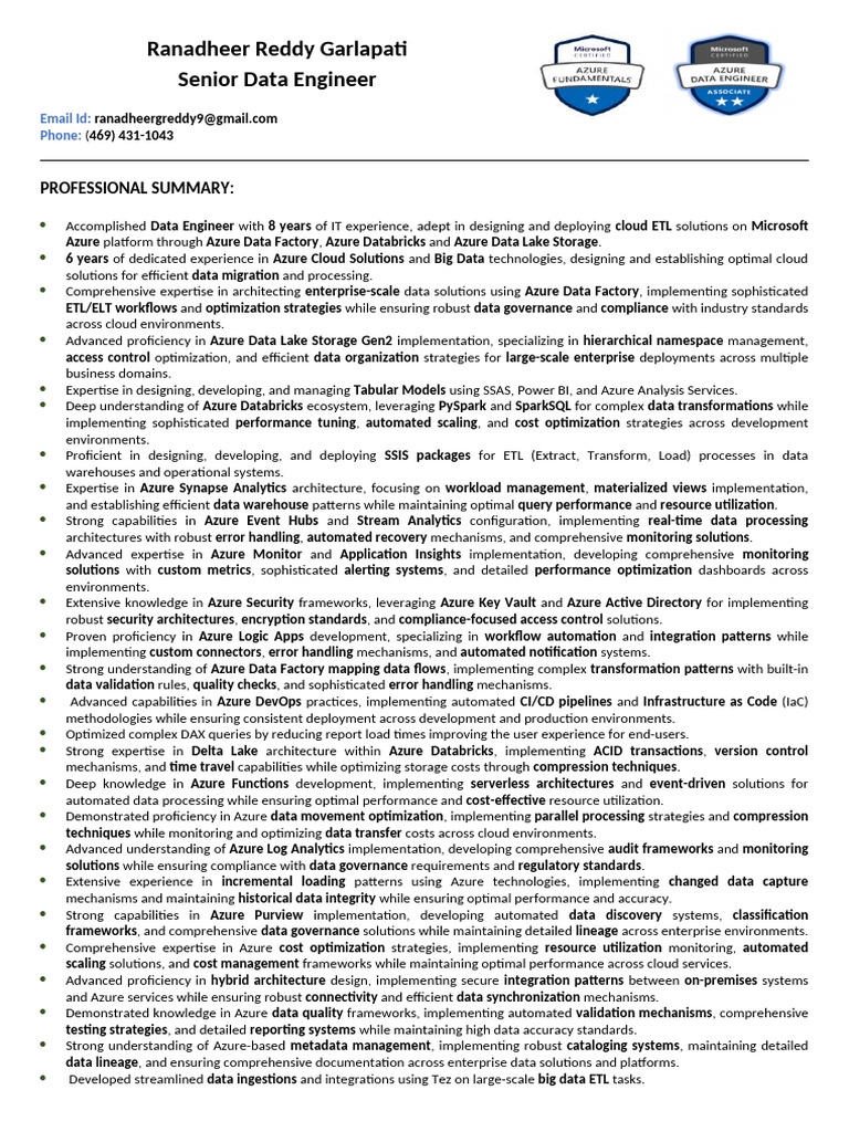 Senior Data Engineer with Azure Expertise | PDF | Microsoft Azure ...
