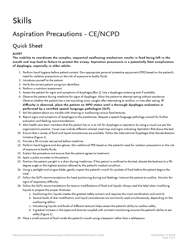 Aspiration Precautions Quick Guide | PDF | Clinical Medicine | Medical ...