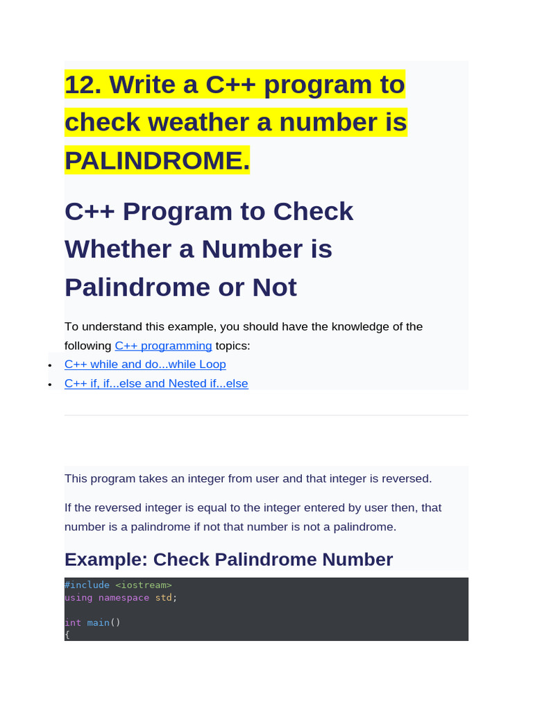 Write A C++ Program To Check Weather A Number Is PALINDROME. | PDF ...