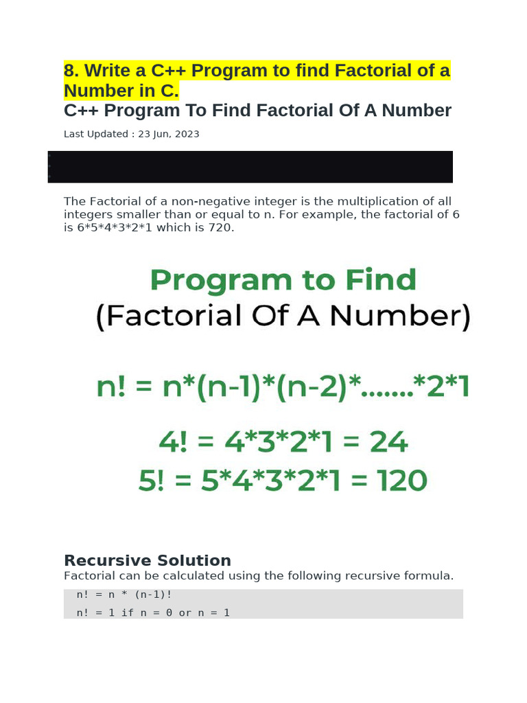 8. Write a C++ Program to Find Factorial of a Number in C. | PDF | C++ ...