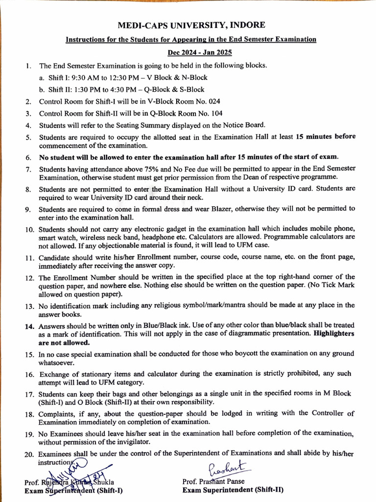 End Semester Exam Instructions 2024-25 | PDF