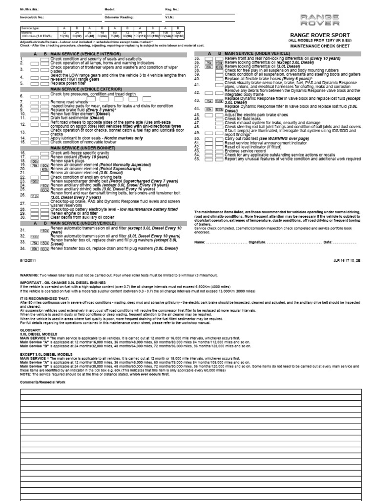 JLR 16 17 10 - 2E - Maintenance Check Sheet - Range Rover Sport (LS ...
