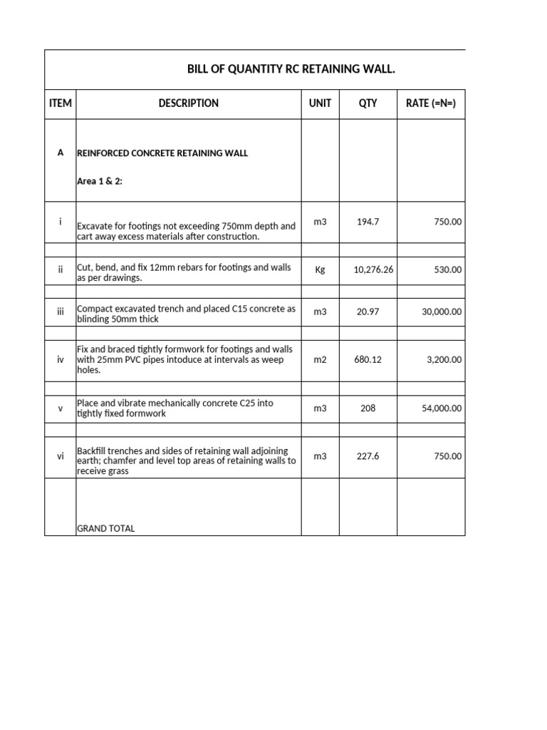 Bill of Quantities for RC Retaining Wall | PDF
