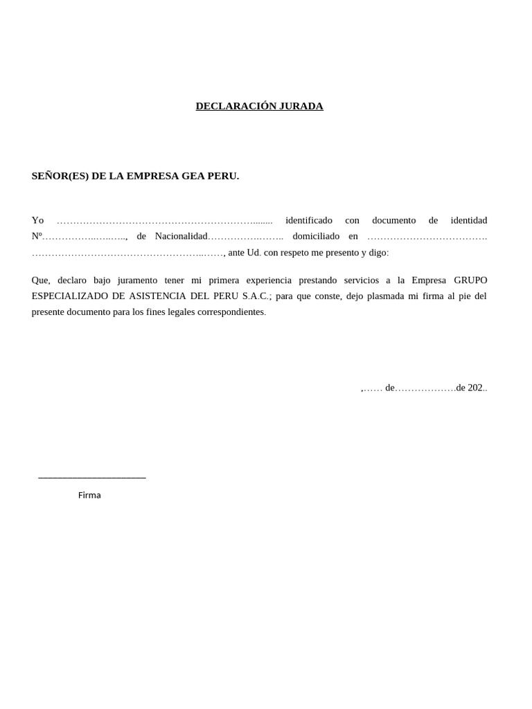 Declaración Jurada de Servicio en GEA Perú | PDF