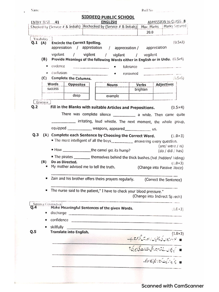 Model Papers Pre Cadet Class 8th | PDF