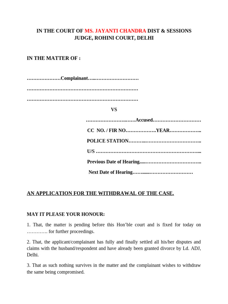 Application to Withdraw Court Case | PDF
