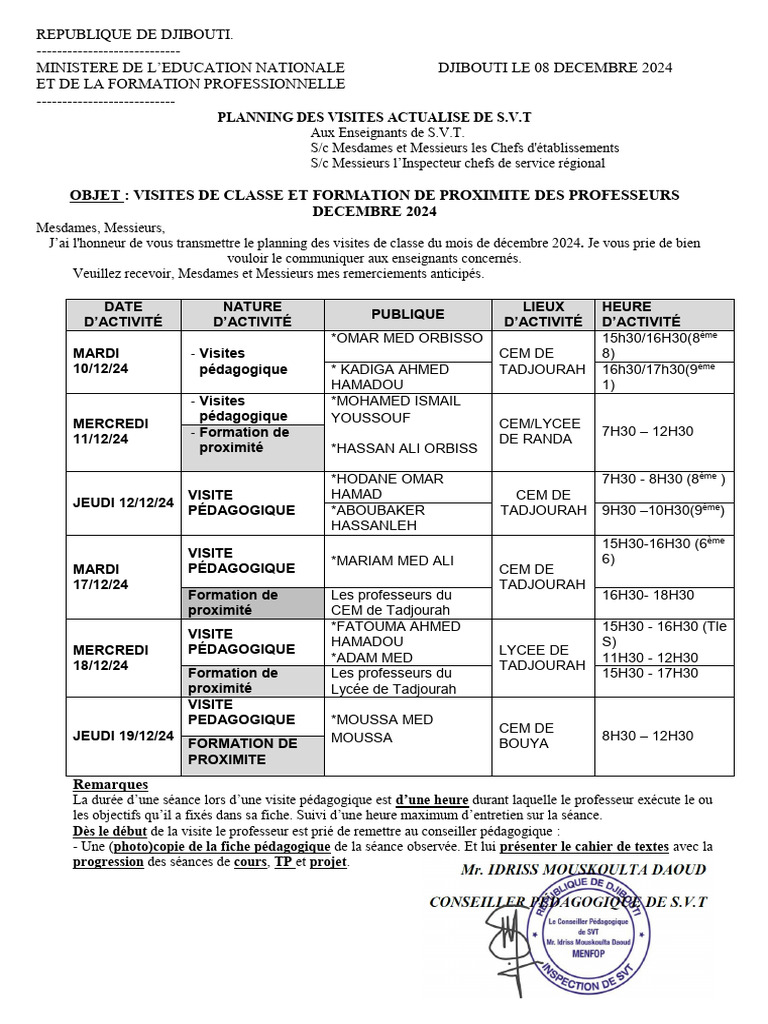 Planning des Visites Pédagogiques S.V.T 2024 | PDF