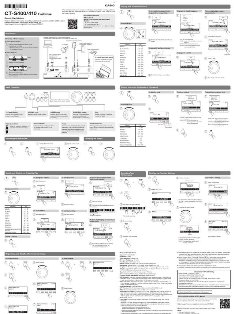 CT-S400 Quick Start Guide | PDF | Piano | Pitch (Music)